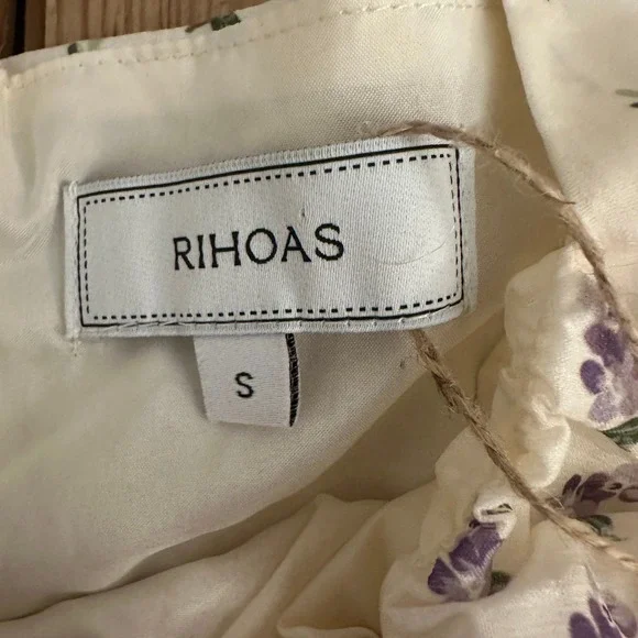 NWT RIHOAS Floral Tie Front Puff Sleeve Midi Dress Cream Purple Cottagecore - Picture 3 of 4
